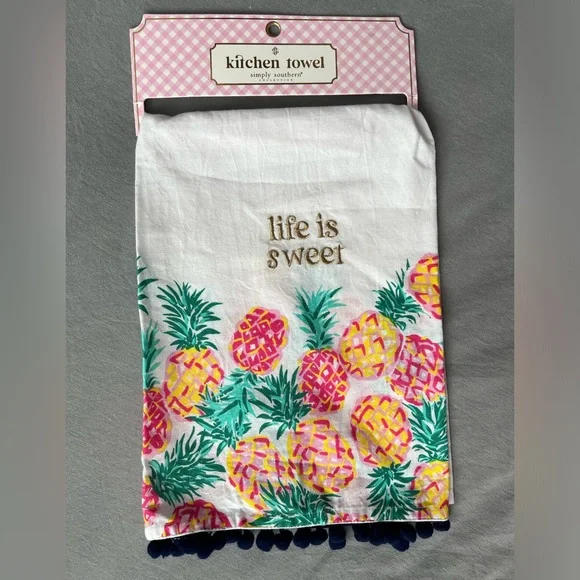 NWT Simply Southern Sweet Pineapple Embroidered Kitchen Tea Towel Pink Yellow - Picture 6 of 9